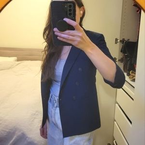 Vintage Double-Breasted Blazer with Cropped Sleeves in Navy